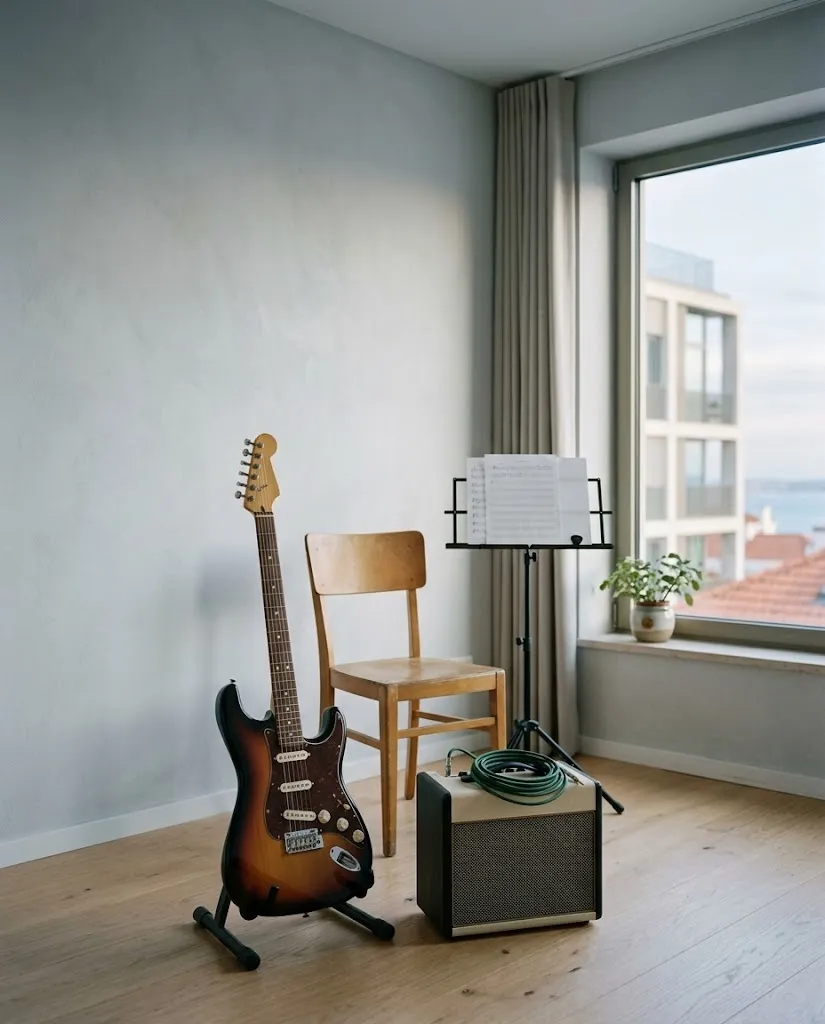 Sala de aulas do Atelier de Guitarra com uma guitarra eléctrica no suporte e um pequeno amplificador