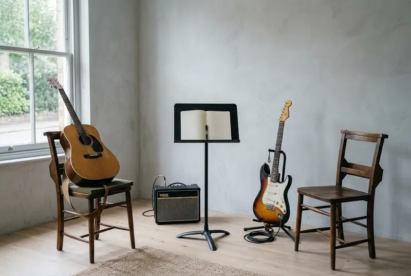 Duas cadeiras frente a frente com uma estante de partituras e guitarras numa pequena sala de aula