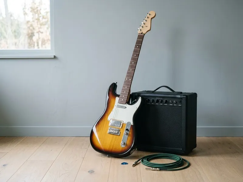 Guitarra eléctrica encostada a um pequeno amplificador